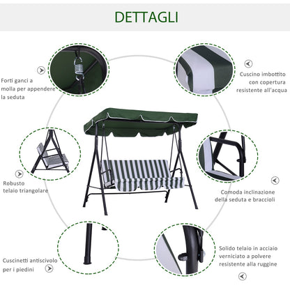 3 -seater garden rocking outsunny with roof and green and white striped steel structure - Borgè