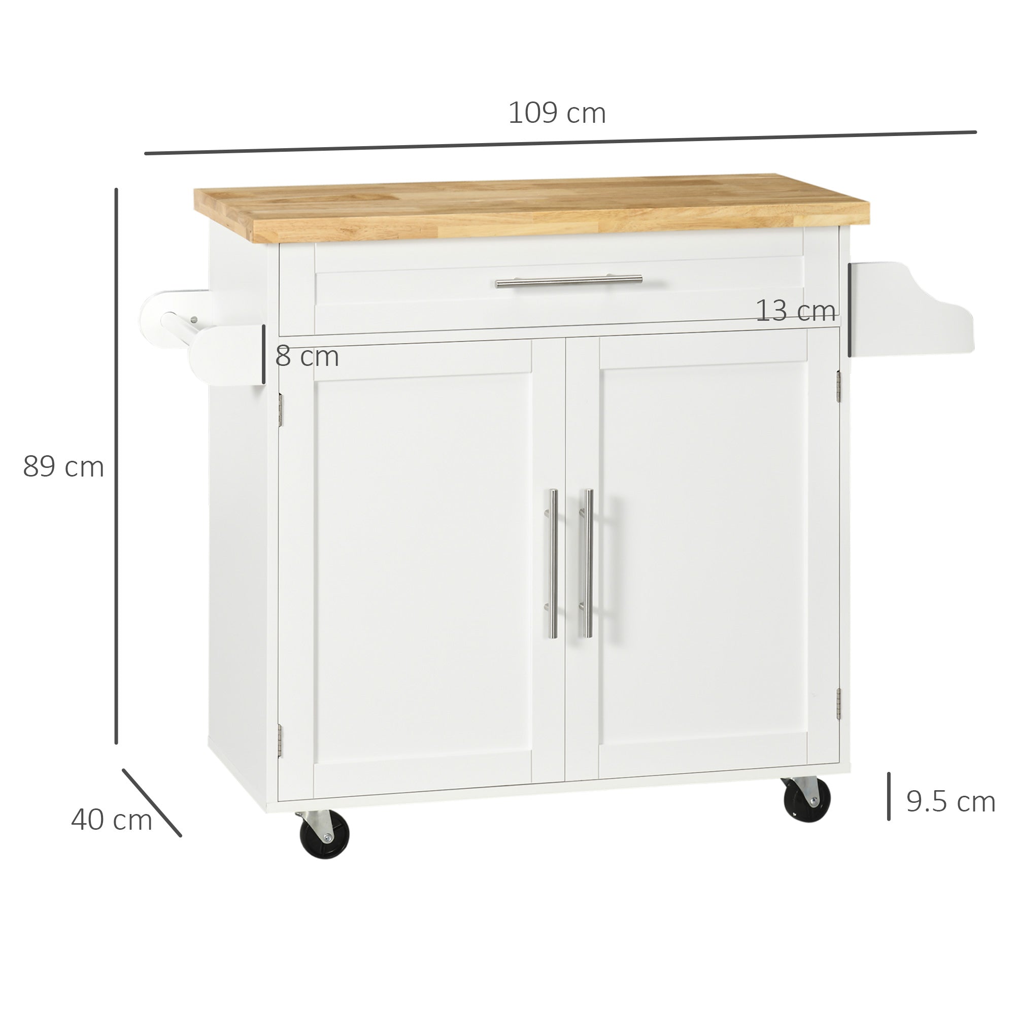 Kitchen Trolley with drawer, door holders, locker and 4 wheels, 109x40x89cm, white - Borgè