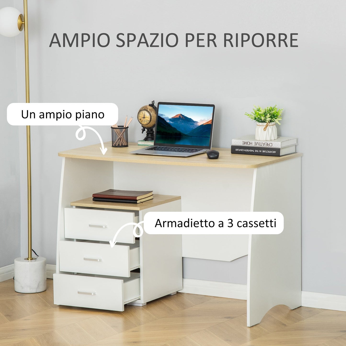 desk with modern wooden chest of drawers, pc desk for room and office, 110x55x75cm - Borgè