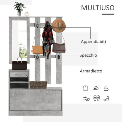 Mobile wardrobe for entrance with hanger mirror and adjustable boot, concrete Grey, 90x22x116 cm - Borgè