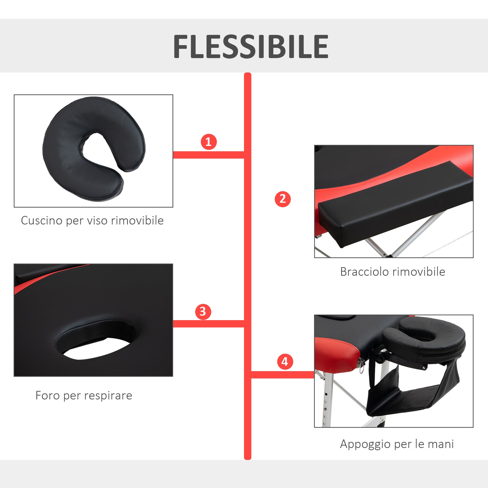 Foldable Massage and Beauty Table with Adjustable Height, Professional Massage Bed in Aluminum and Plastic, 215x60x61-84 cm, Black and Red - Borge' Group Limited