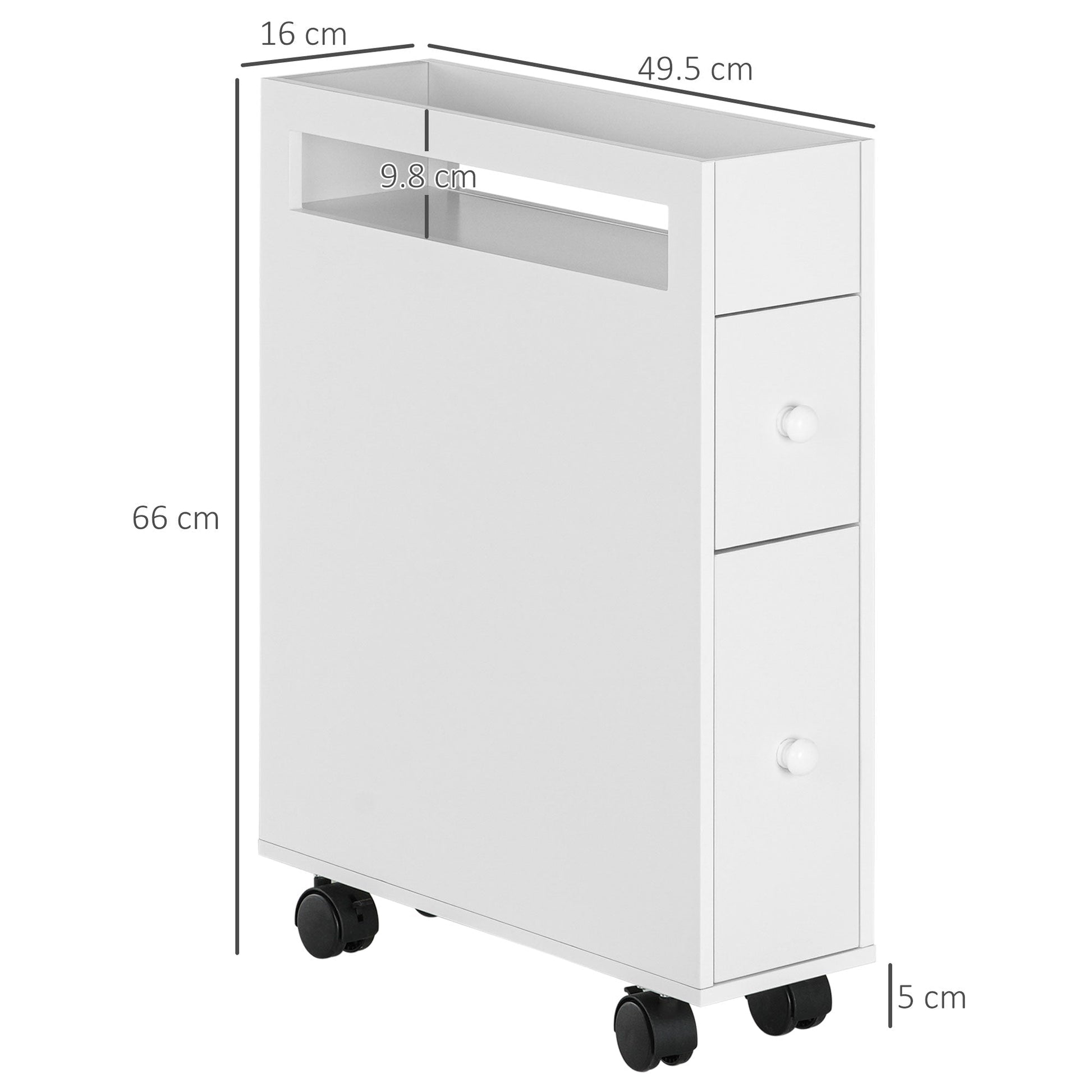 Kleankin Bathroom saving cabinet with 4 wheels, 2 drawers and open shelf, 16x49.5x66cm, white - Borgè