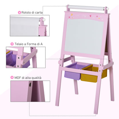 Lavagnetta with Kids stand 3 in 1 and with roller paper sheets pink wooden - Borgè