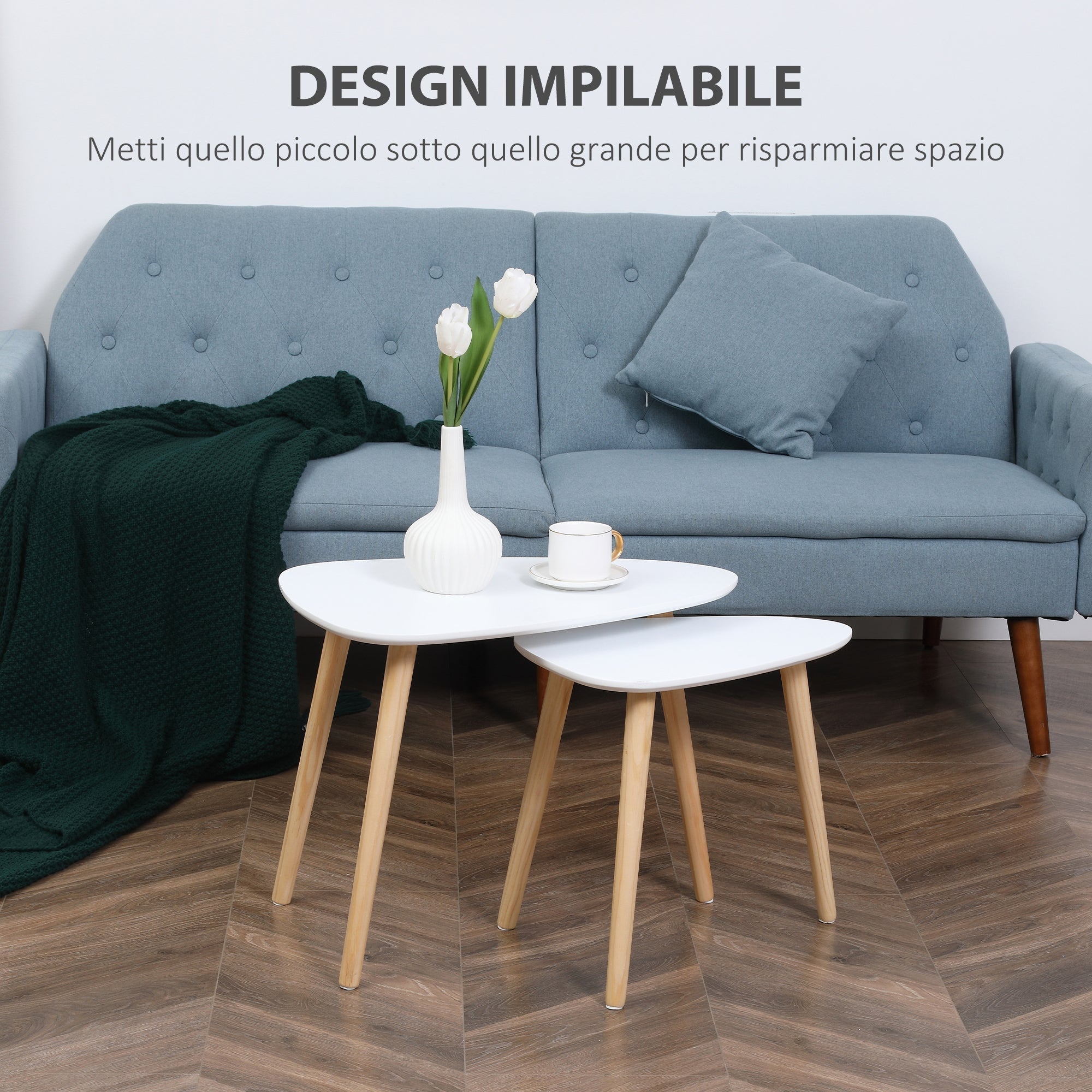 Set 2 Tavolini with a stackable Nordic style tables with wooden legs, white - Borgè