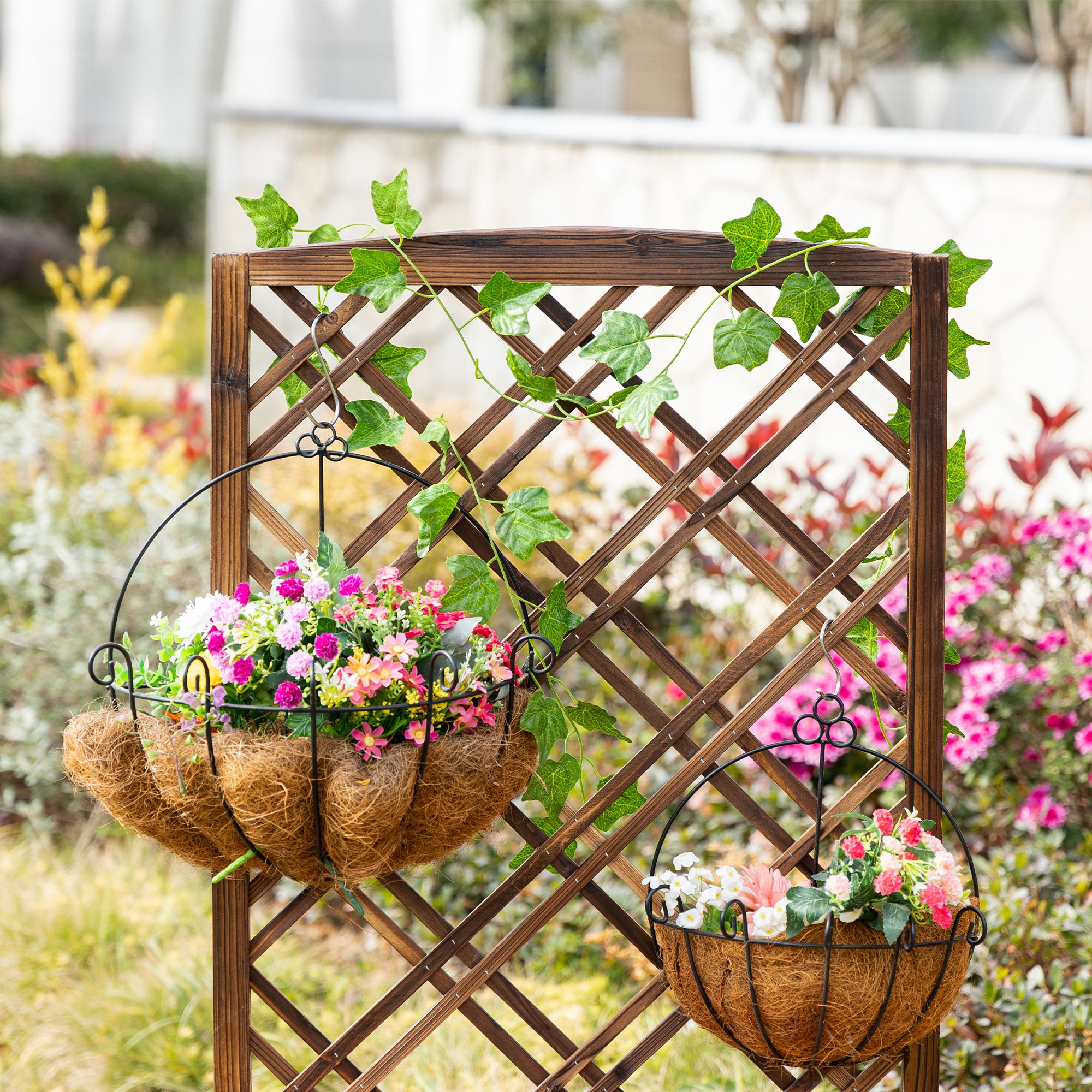 Outsunny Outdoor Fioriera with wooden grill for climbing plants, 60x30x122.5 cm, brown - Borgè
