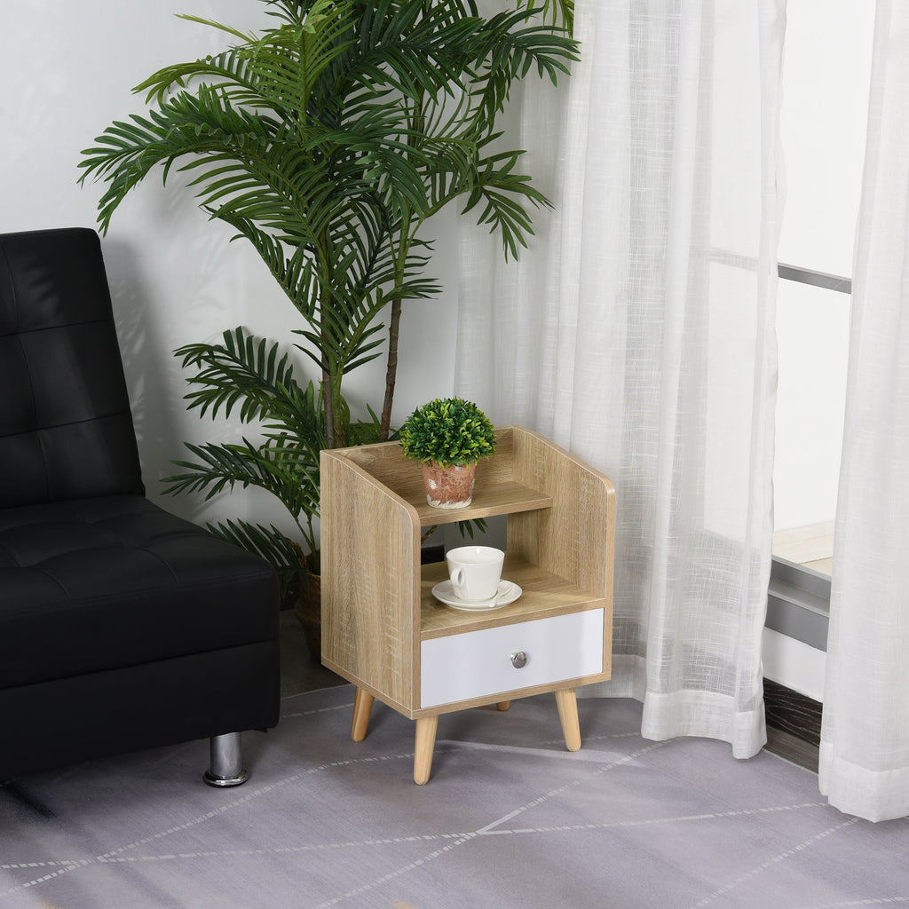 bedside table saving cabinet with drawer and wooden shelf 37x30x48cm - oak/white - Borgè