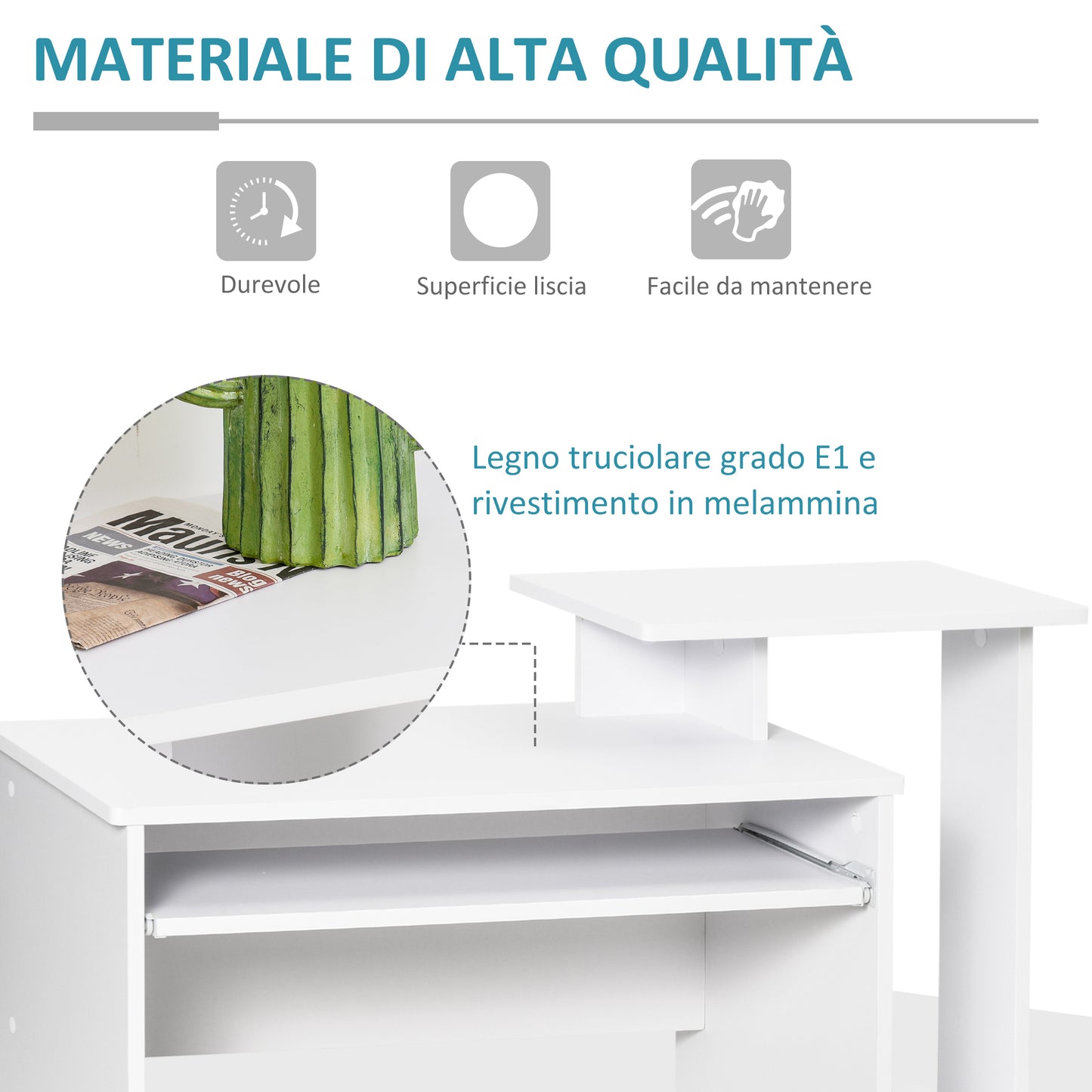 Homcom computer desk with keyboard holder, shelter and drawer in fabric, in wood, 100x40x86.6cm, white - Borgè