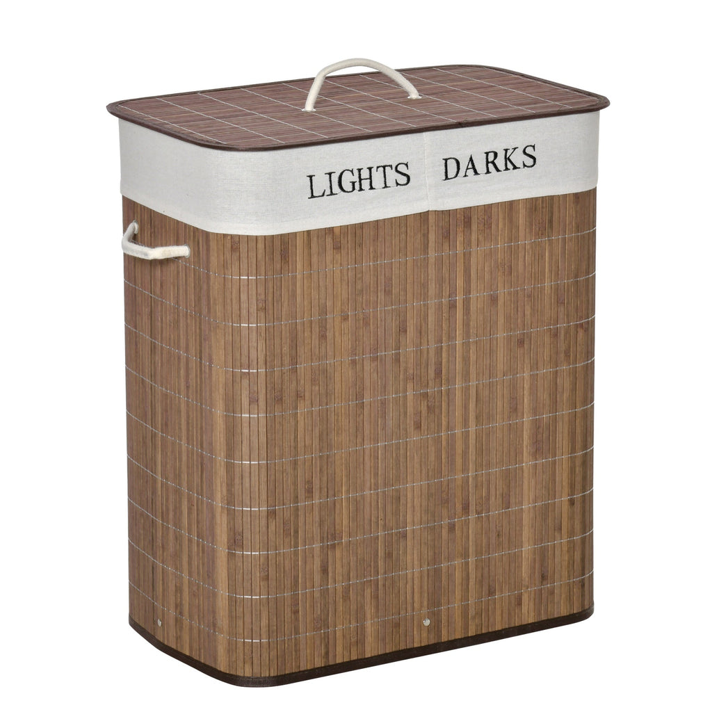 Bamboo basket 100l with 2 compartments, lid and handles, 52x32x63cm - brown - Borgè