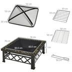 SIENA | Garden Fire Pit with Lid Spark Guard and Metal BBQ Grill 76x76x47cm Black - Borge' Group Limited