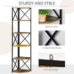 Wall Corner Bookcase, Industrial Style Shelf in Wood and Metal with 5 Shelves, 39x39x175cm, Rustic Brown - Borgè