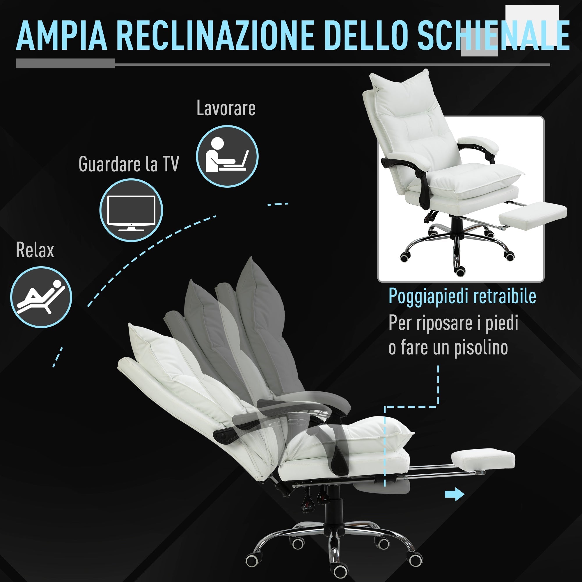 White -like office armchair winner, adjustable height with reclining backrest 155 ° and footrests - Borgè