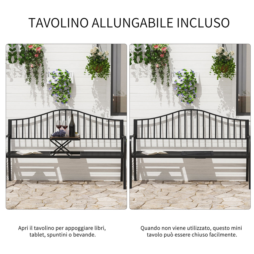 2-Seater Outdoor Bench, Garden Bench with Extendable Metal Table 150 x 53 x 95 cm Black - Borge' Group Limited