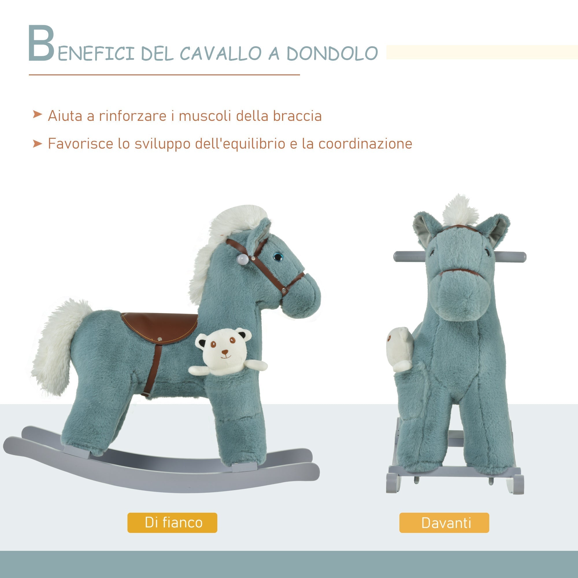 Homcom Cavallo with plush and wood with sounds and bears included, for children of 18-36 months, 65x26x55cm, blue - Borgè