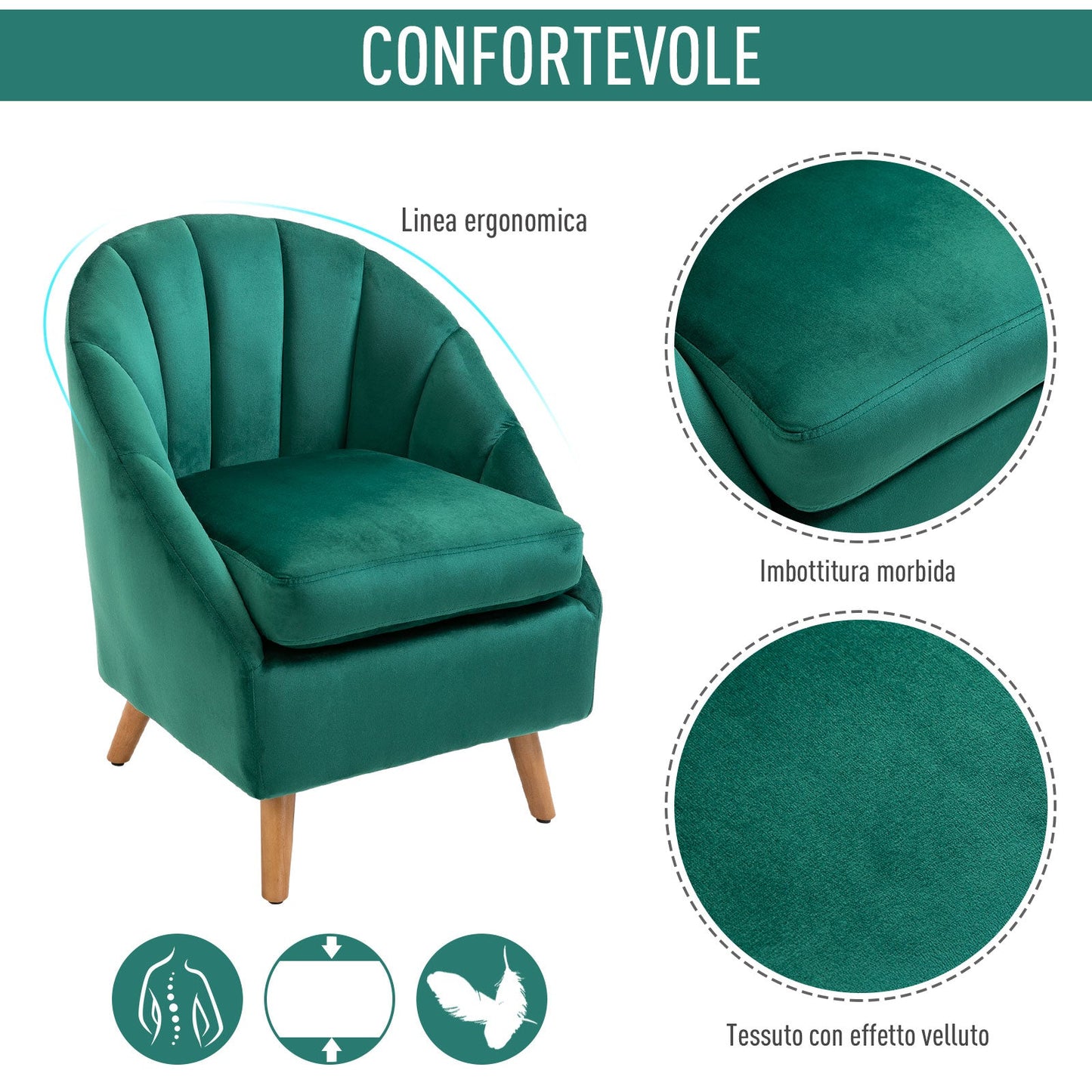 armchair with green velvet coating and wooden legs - Borgè