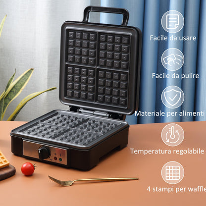 Waffle machine with non -stick plates and adjustable temperature, 1200w, black