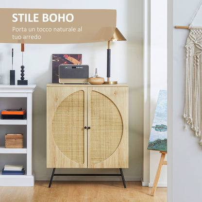 Boho Style Sideboard with 2 Doors in Wood and Rattan, 80x39x101.8cm Natural - Borgè