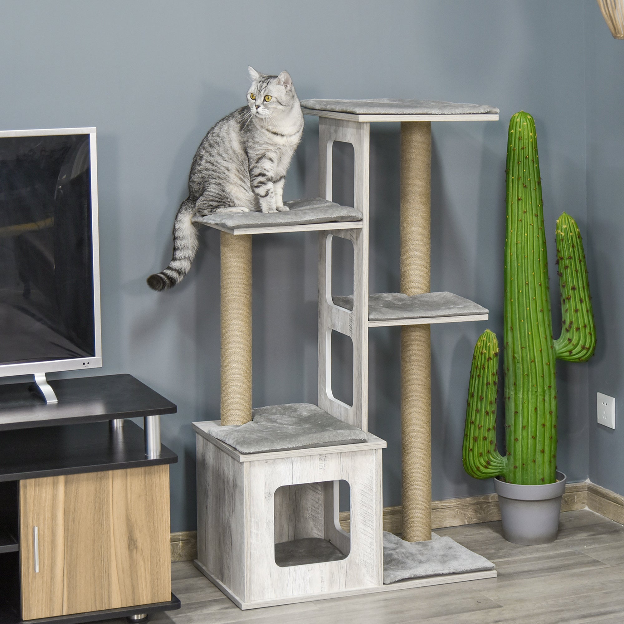 Multi level Cat Tree for cats with Scratch Pole, Grey - Borge' Group Limited