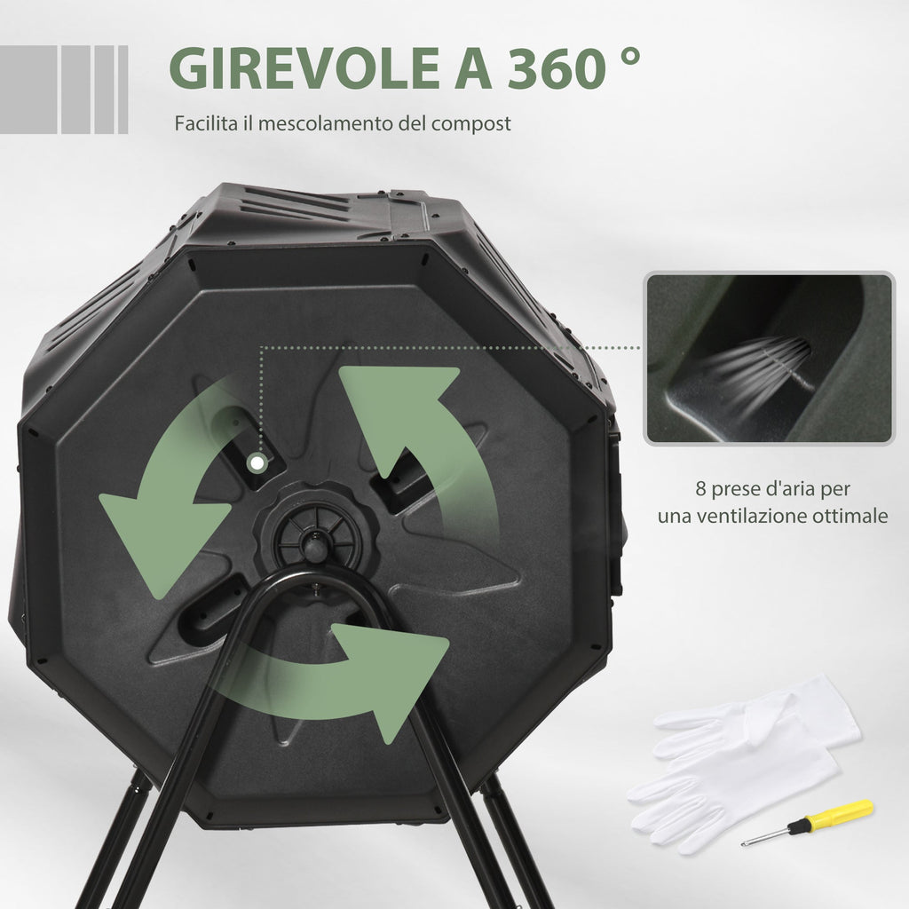 2-Section Rotating Garden Composter with 8 Air Vents, Home Composter in Steel and PP, 160 L, for Composting Organic Waste, 71x65x96 cm, Black - Borge' Group Limited