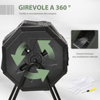 2-Section Rotating Garden Composter with 8 Air Vents, Home Composter in Steel and PP, 160 L, for Composting Organic Waste, 71x65x96 cm, Black - Borge' Group Limited