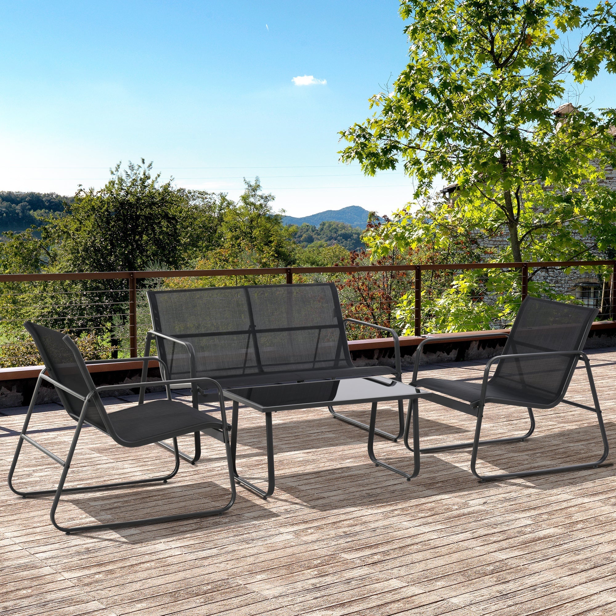 PUPI - Set of Table with Bench and 2 Garden Chairs, Outdoor Furniture in Metal and Texteline, Black - Borge' Group Limited