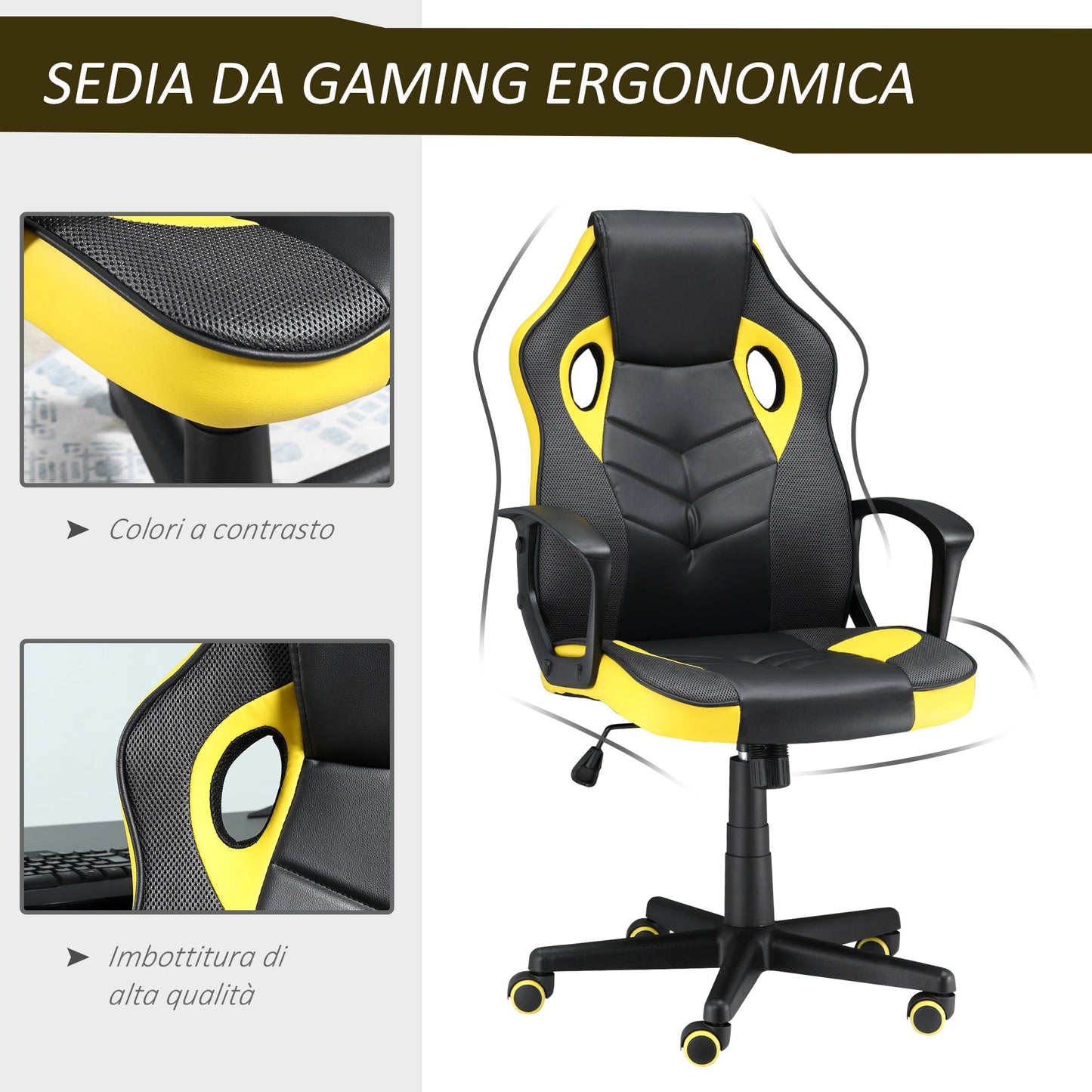 VATER GAMING CHAIR COMPANY OFFICE OFFICE WITH ROTELLE IN BLACK AND GIALLY LIKE, adjustable height - Borgè