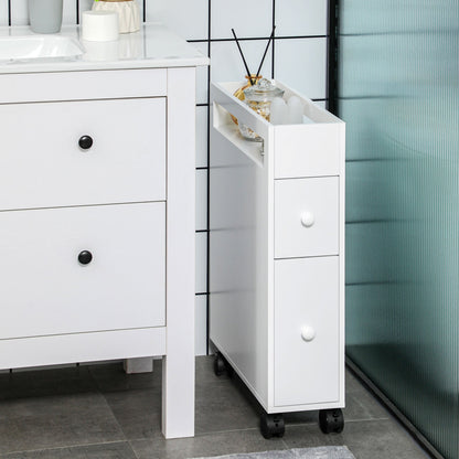 Kleankin Bathroom saving cabinet with 4 wheels, 2 drawers and open shelf, 16x49.5x66cm, white - Borgè