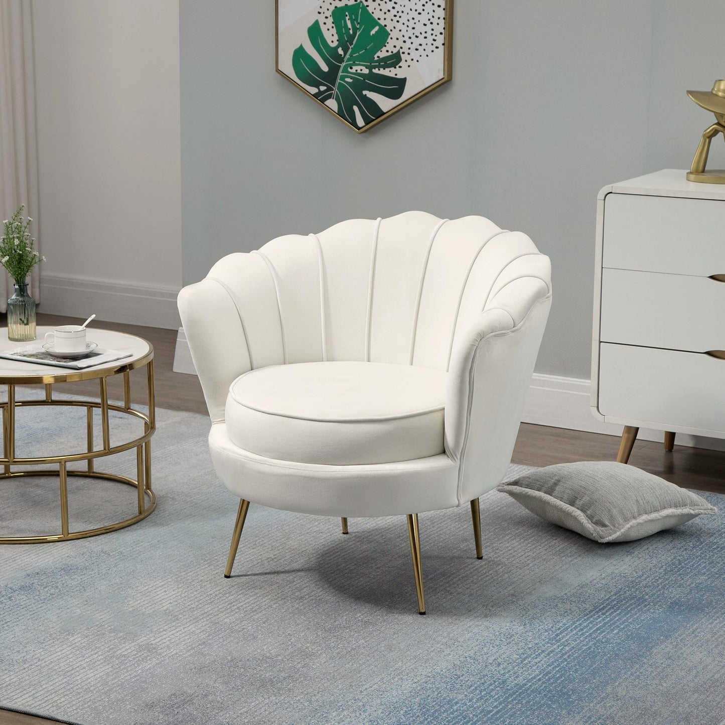 SEASHELL Design Cream Velvet Chamber Armchair With Back | 76x67x74cm - Borgè