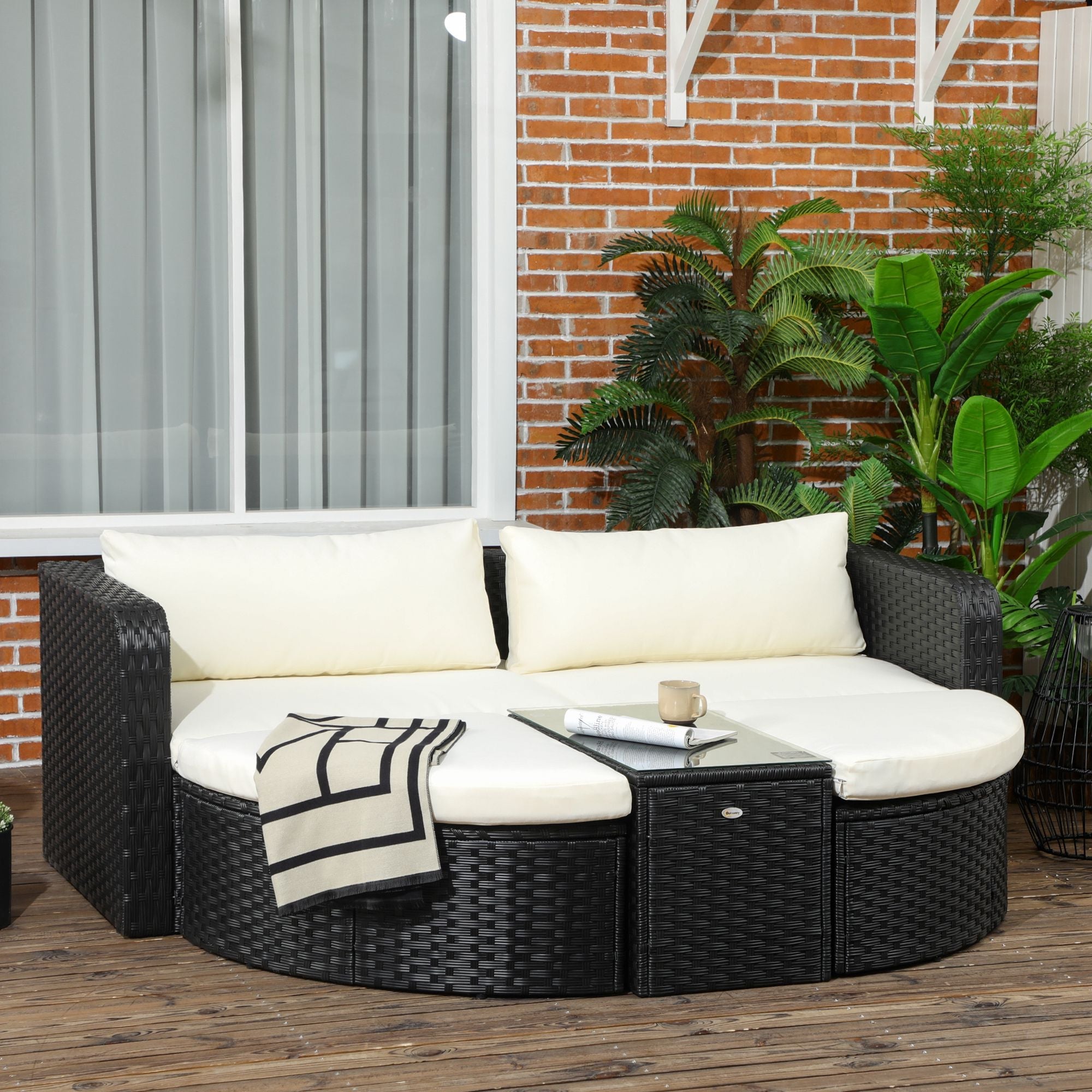 Garden Lounge Set with 2 Chairs and 2 Footstools in PE Rattan, Glass Coffee Table, Black - Borge' Group Limited