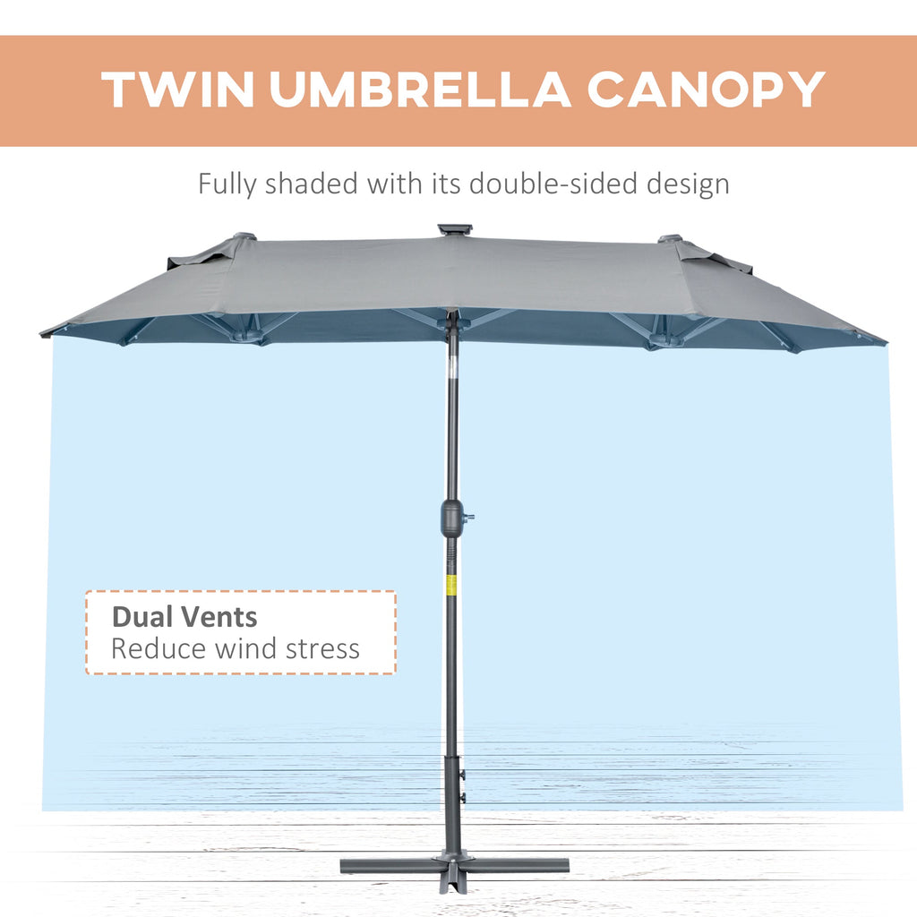 Double Parasol with Cross Base and Solar Lights, 295x150x219cm, Grey - Borge' Group Limited