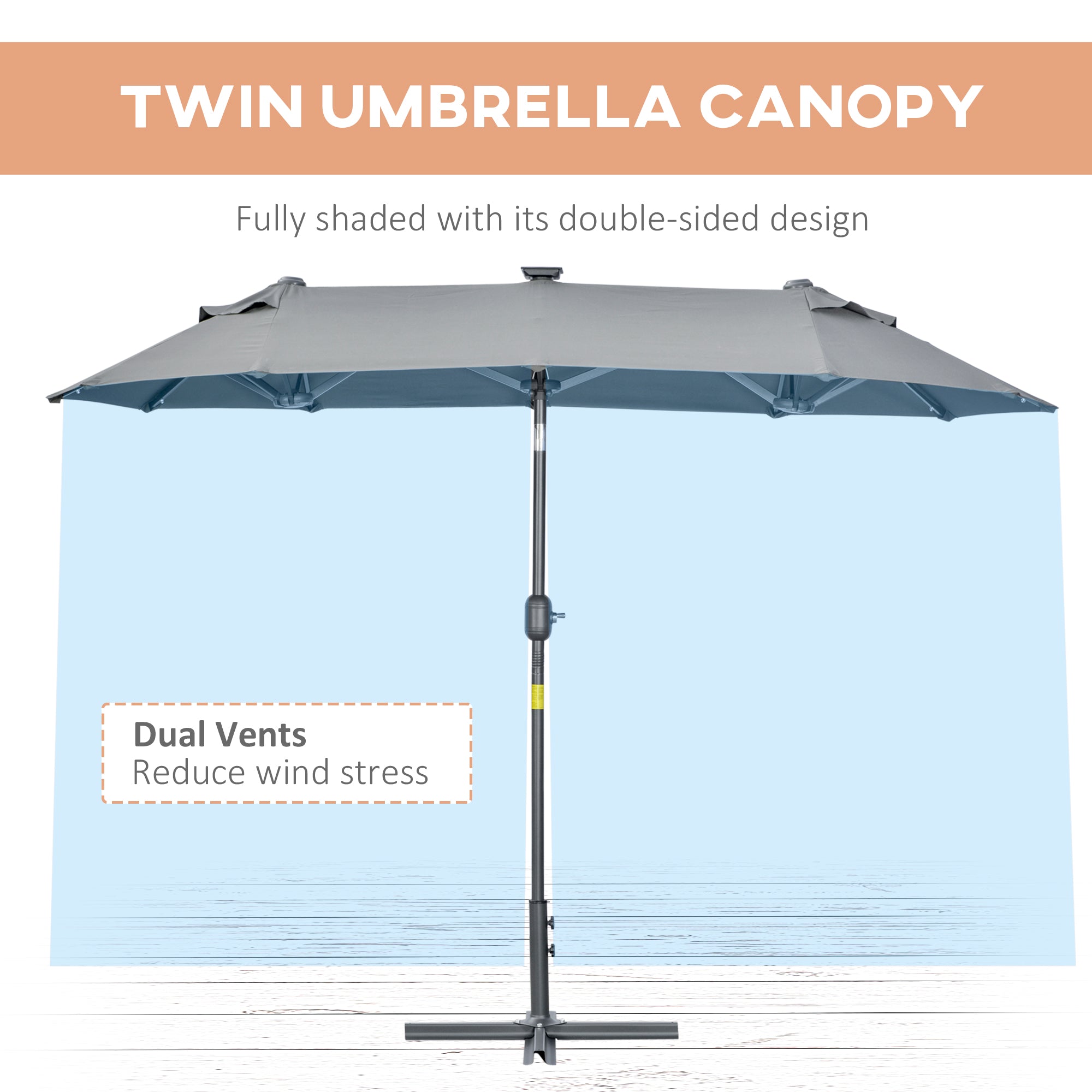 Double Parasol with Cross Base and Solar Lights, 295x150x219cm, Grey - Borge' Group Limited