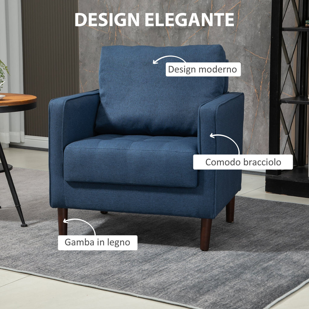 Modern armchair in linen effect fabric, wooden structure and thick padding, 76x70x87cm, blue - Borgè