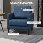Modern armchair in linen effect fabric, wooden structure and thick padding, 76x70x87cm, blue - Borgè