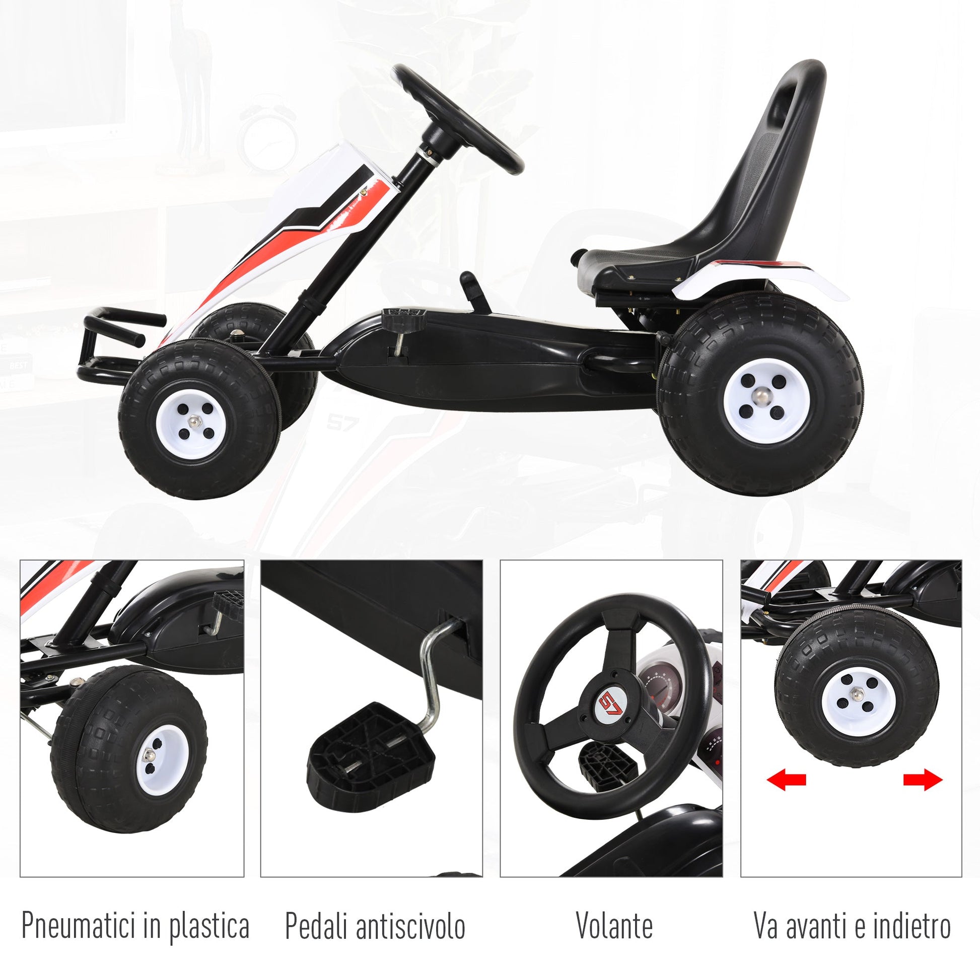 White Pedal Go-Kart for Children 3-8 Years with Adjustable Seat, Plastic Wheels, Handbrake and Gearbox - Borgè