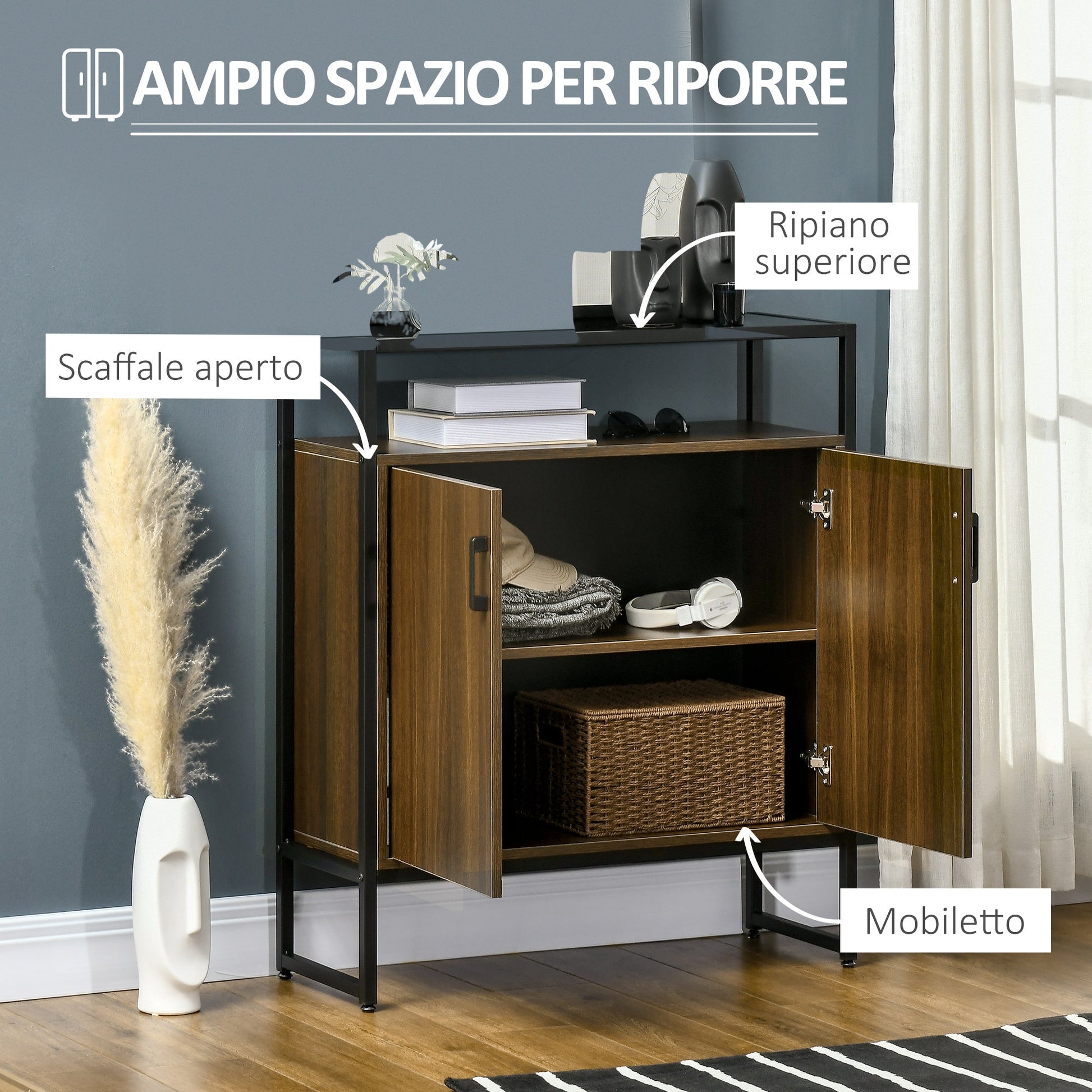 cabinet two doors in mdf with tempered glass support top, 82x30x98 cm, brown and black - Borgè