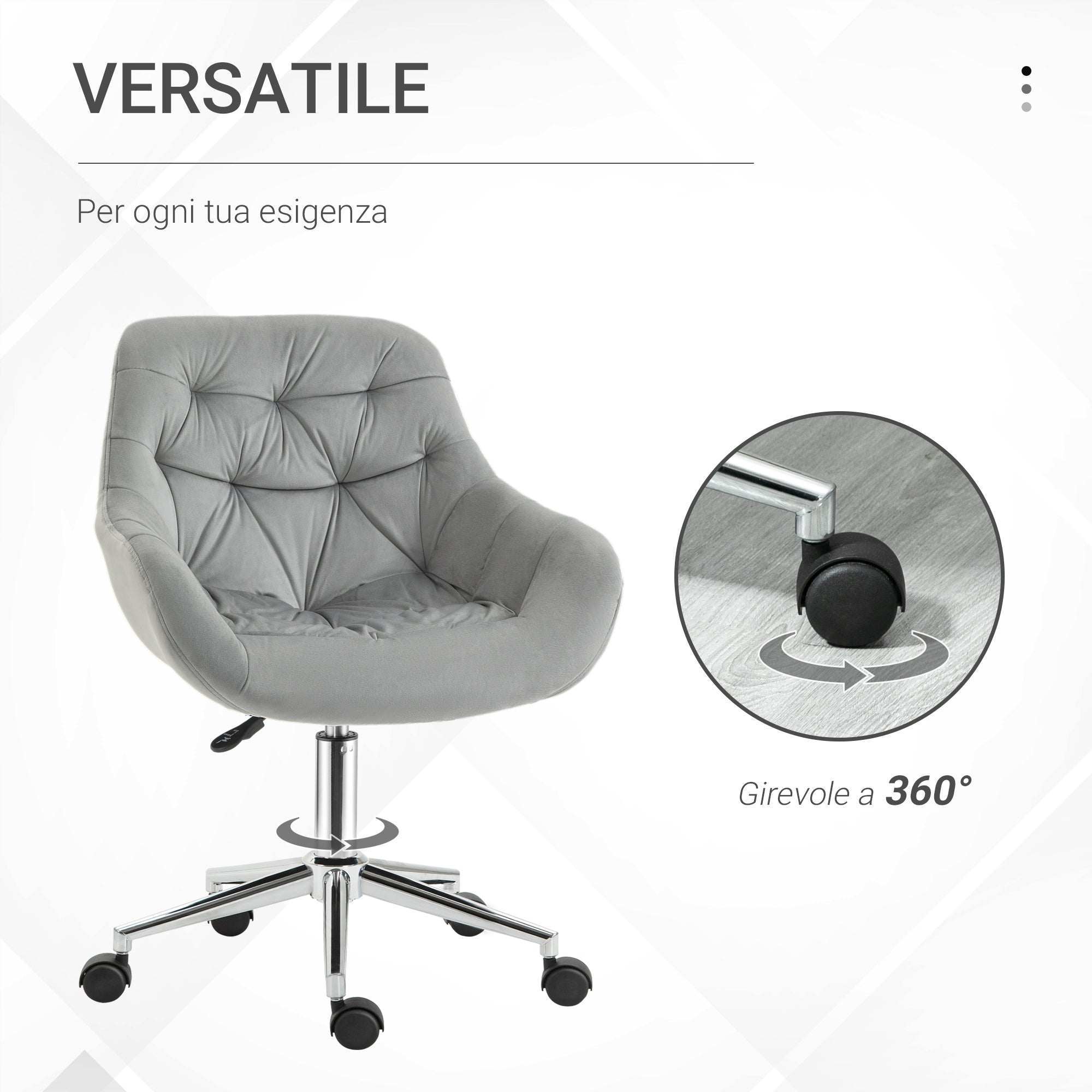 Vicetto swivel ergonomic office chair with adjustable height and wheels, velvet coating - Grey - Borgè