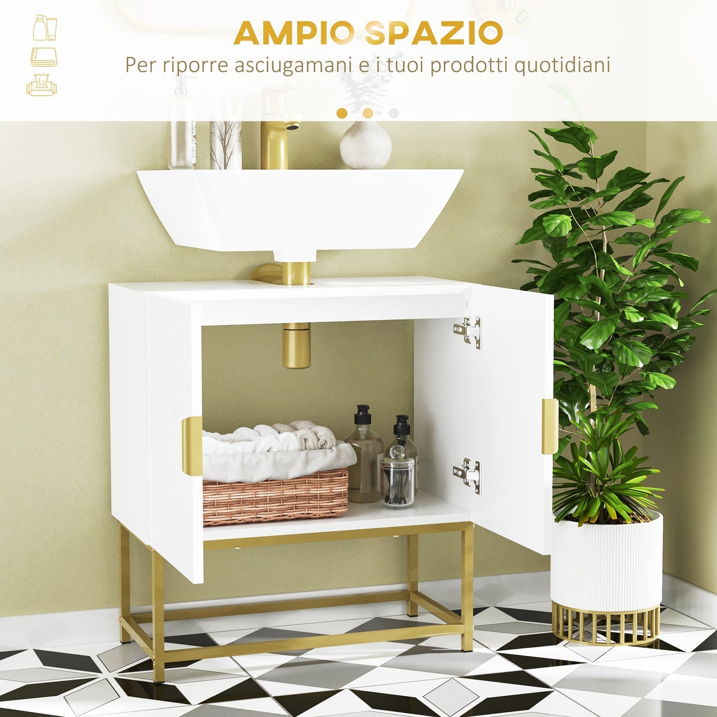 White and Gold Bathroom Sink Vanity | 60x30x65cm - Borgè