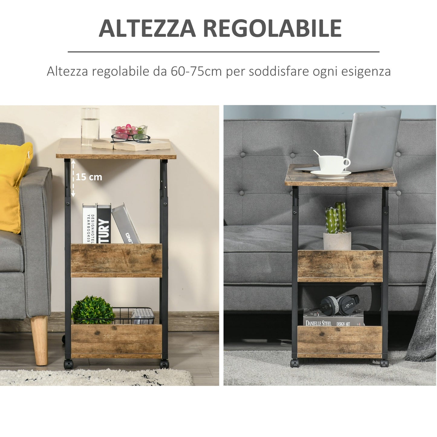 Living Room Table to C Industrial Style, Design Bottle Adjustable Height - Rustic Marrone - Borgè