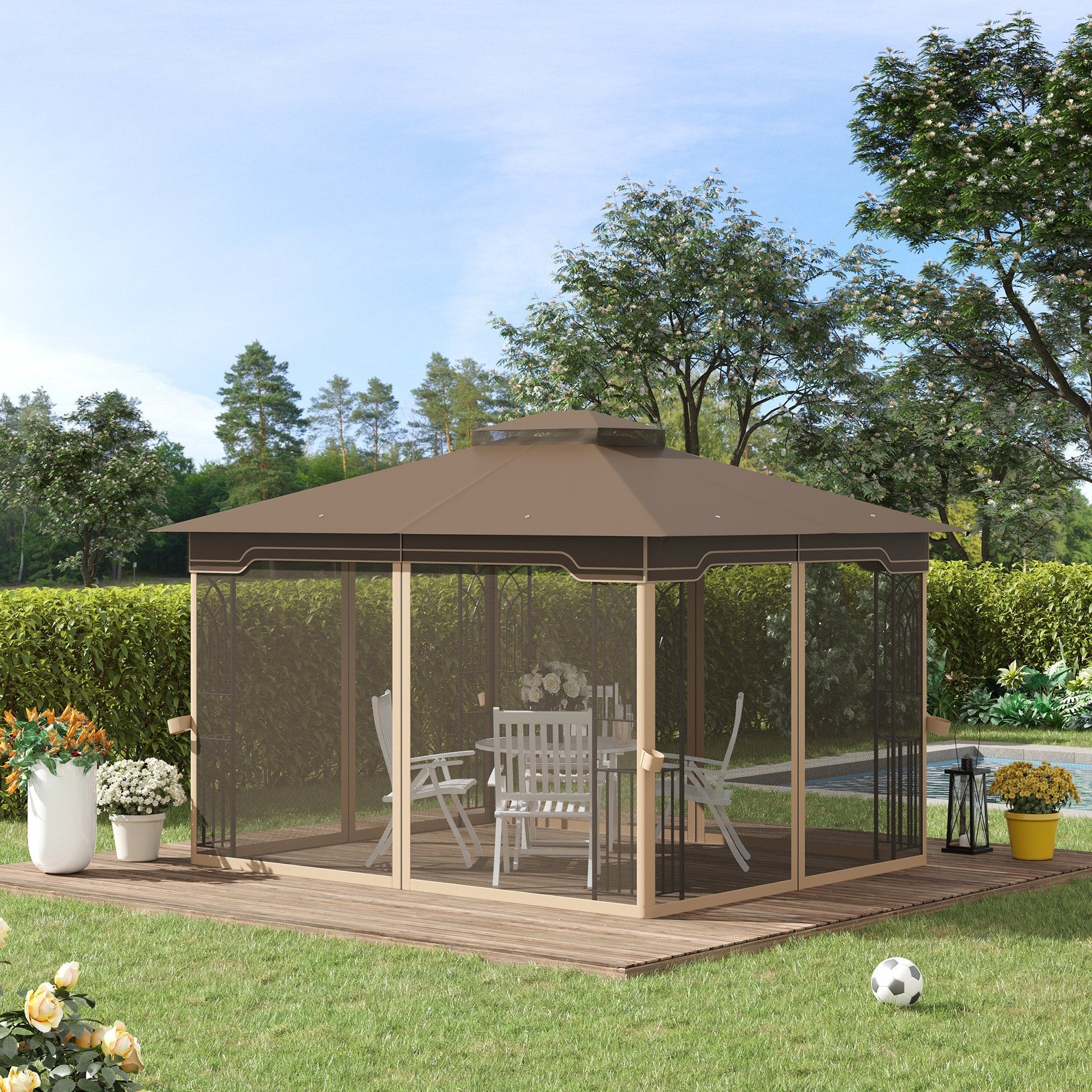 Outsunny garden gazebo with mosquito net, double roof, metal structure and shelves, 3,65x3m brown and beige - Borgè