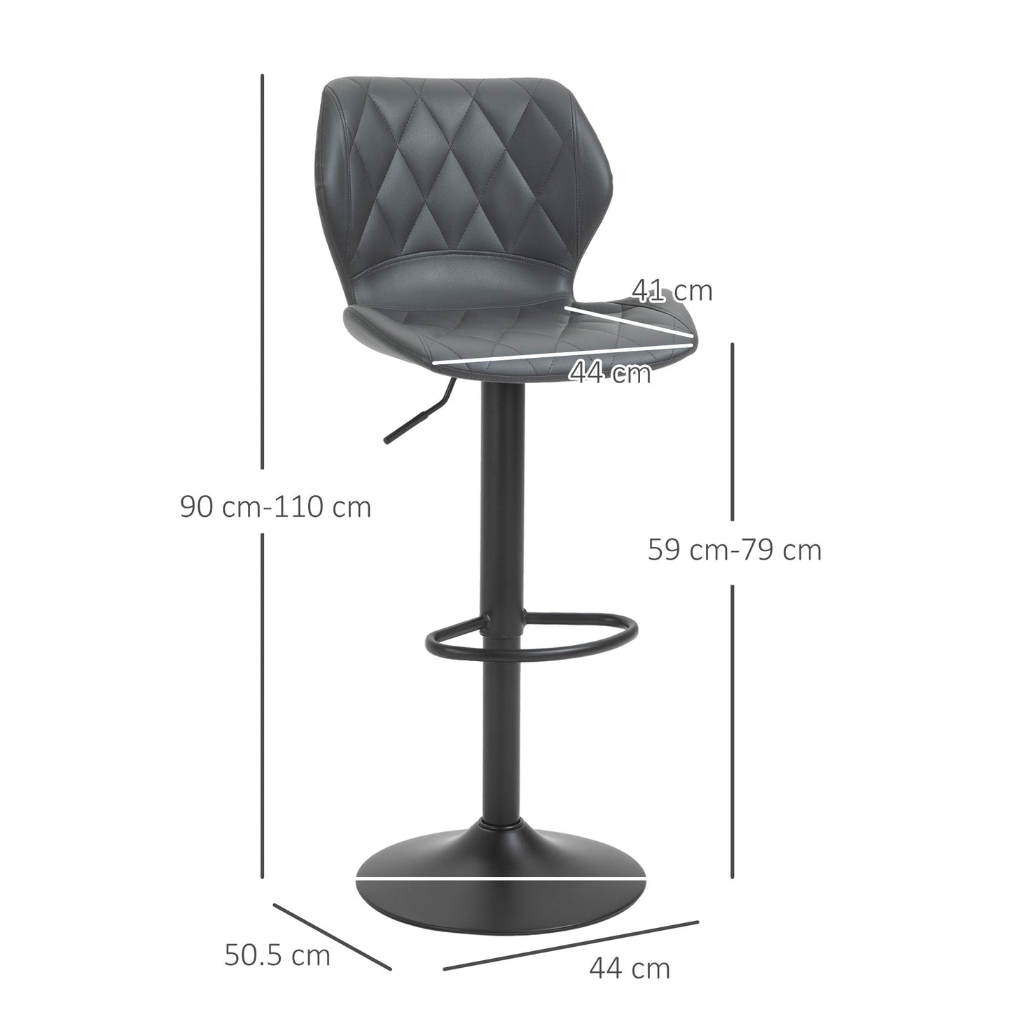 Grey set of 2 high-room bar stools with adjustable height, swivel kitchen stools with back and footrest, 44x50.5x90-110cm - Borgè