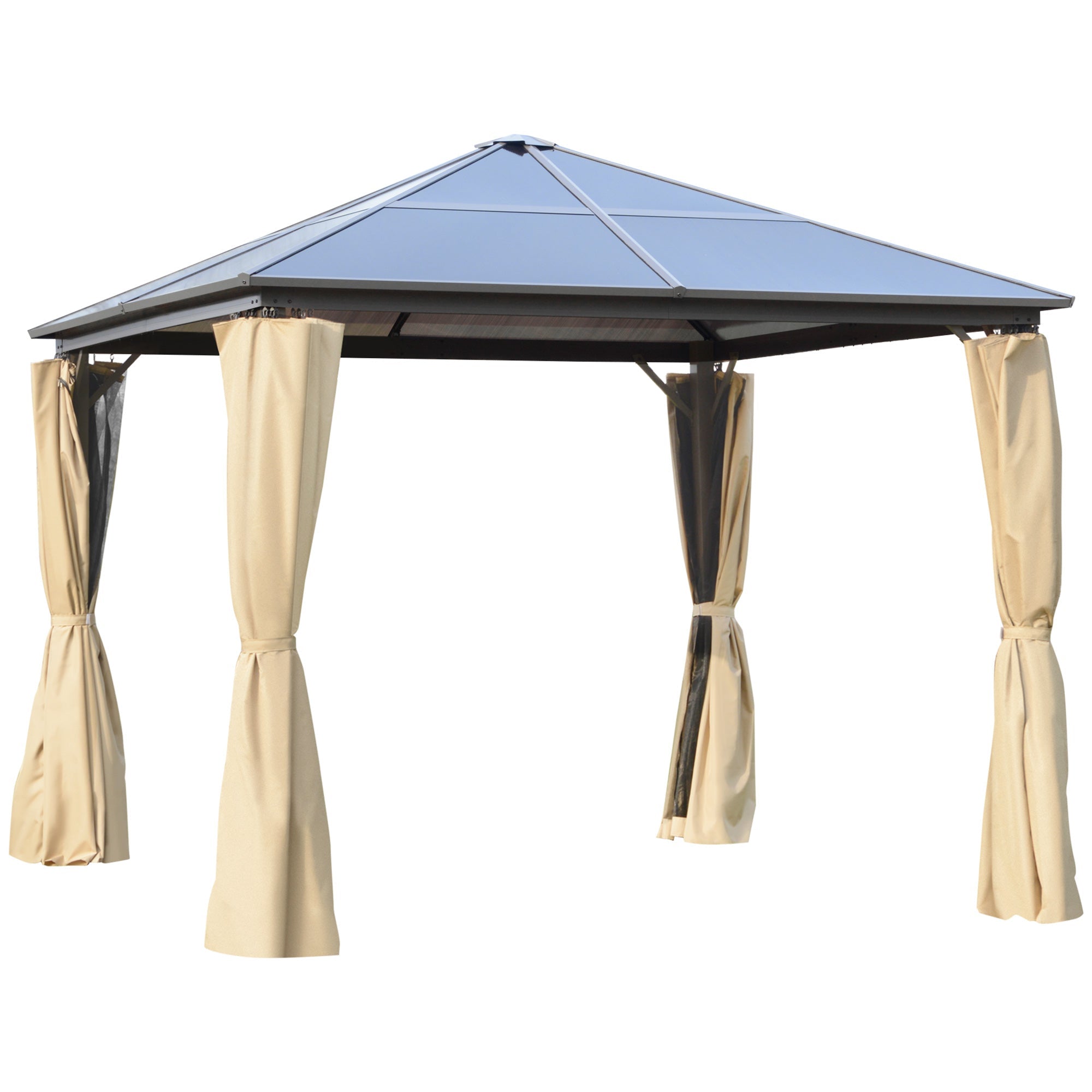 3x3m Garden Gazebo with Polycarbonate Roof and Mosquito Nets, Coffee and Khaki - Borge' Group Limited