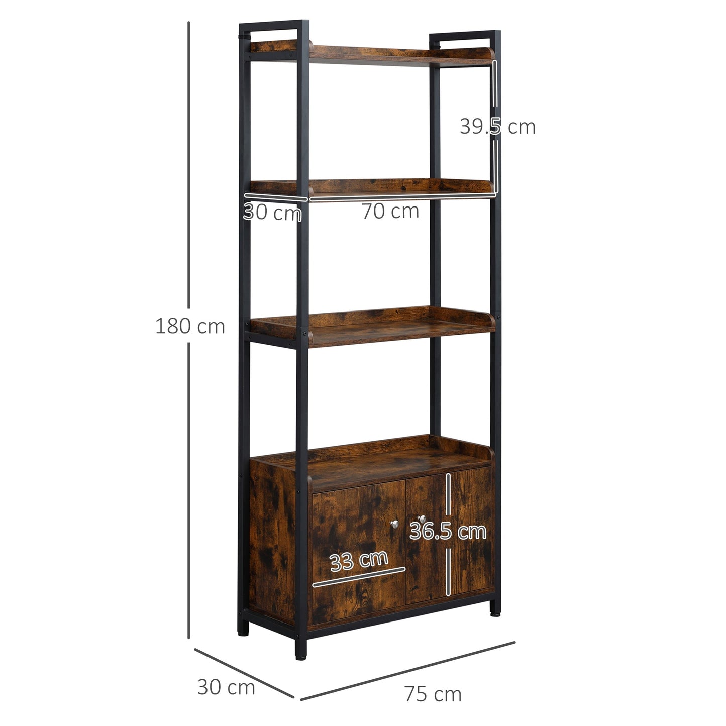 Mobile Library 4 shelves with 2 industrial -style 2 doors for home and office, 75x30x180cm, brown