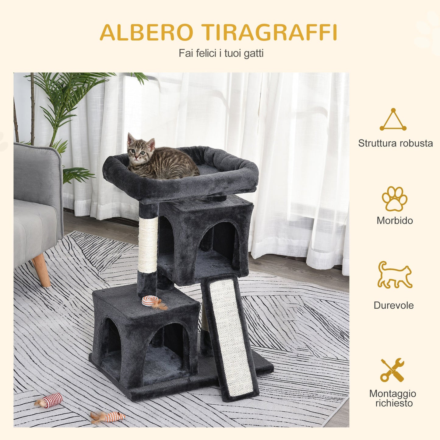 Cat Tree for cats with Scratch Pole, bed and 2 houses, 59x39x83cm, black - Borgè