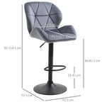 Homcom Set 2 swivel bar stools with adjustable height, velvet coating and round base - Grey - Borgè