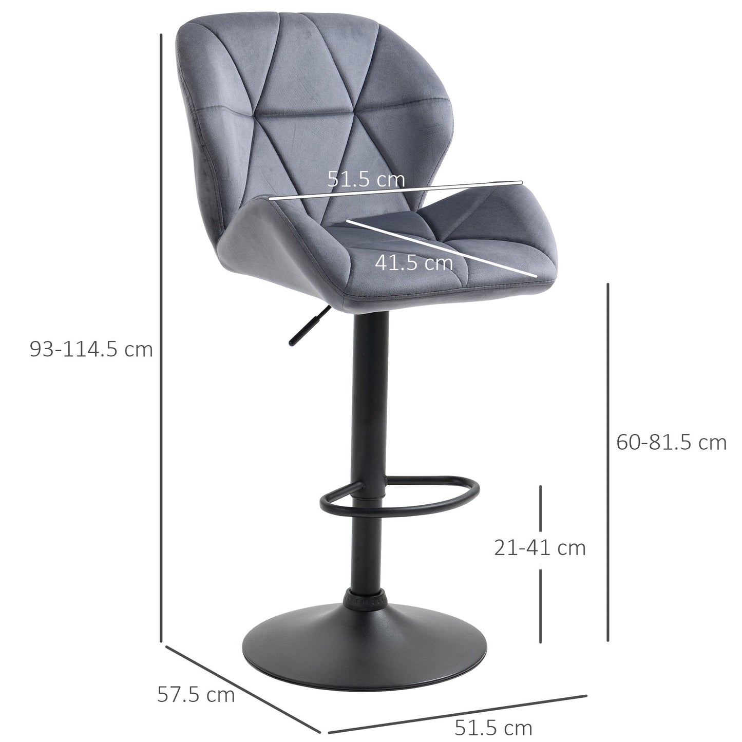 Homcom Set 2 swivel bar stools with adjustable height, velvet coating and round base - Grey - Borgè