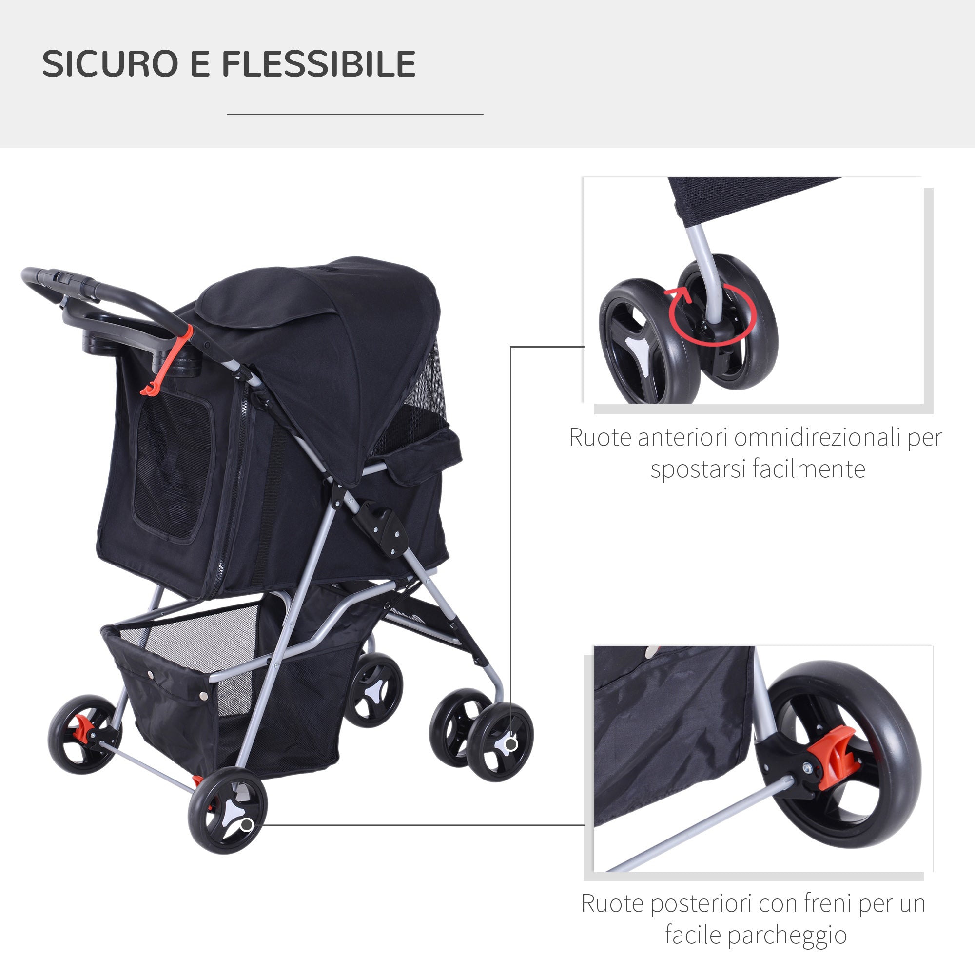 Dog Stroller for Mini and Small Dogs with 3 Zippered Nets, Foldable Pet Stroller in Steel and Oxford Fabric, 75x46x94 cm, Black - Borge' Group Limited
