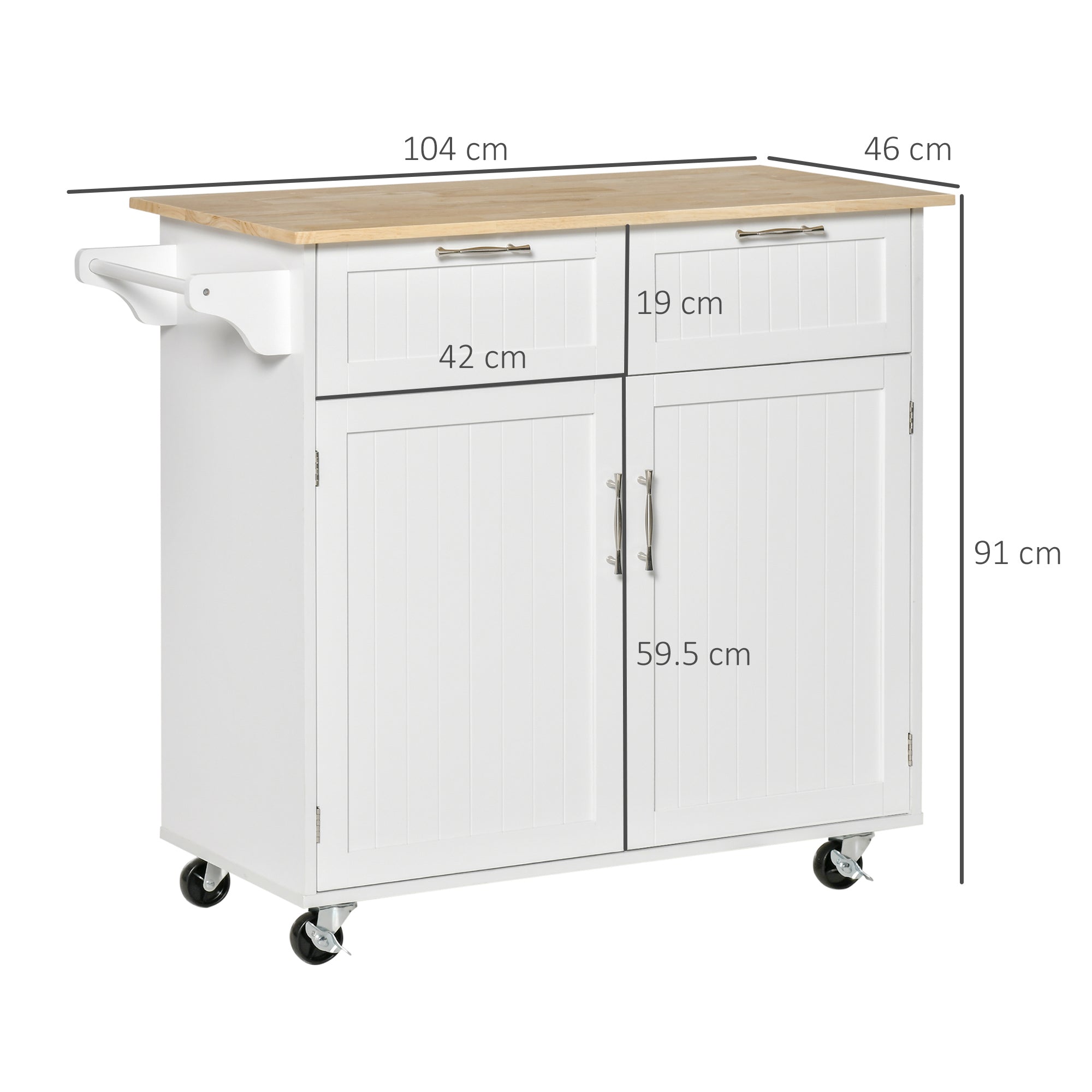 Multiuse wooden kitchen trolley with 2 drawers, 104x46x91cm - white - Borgè