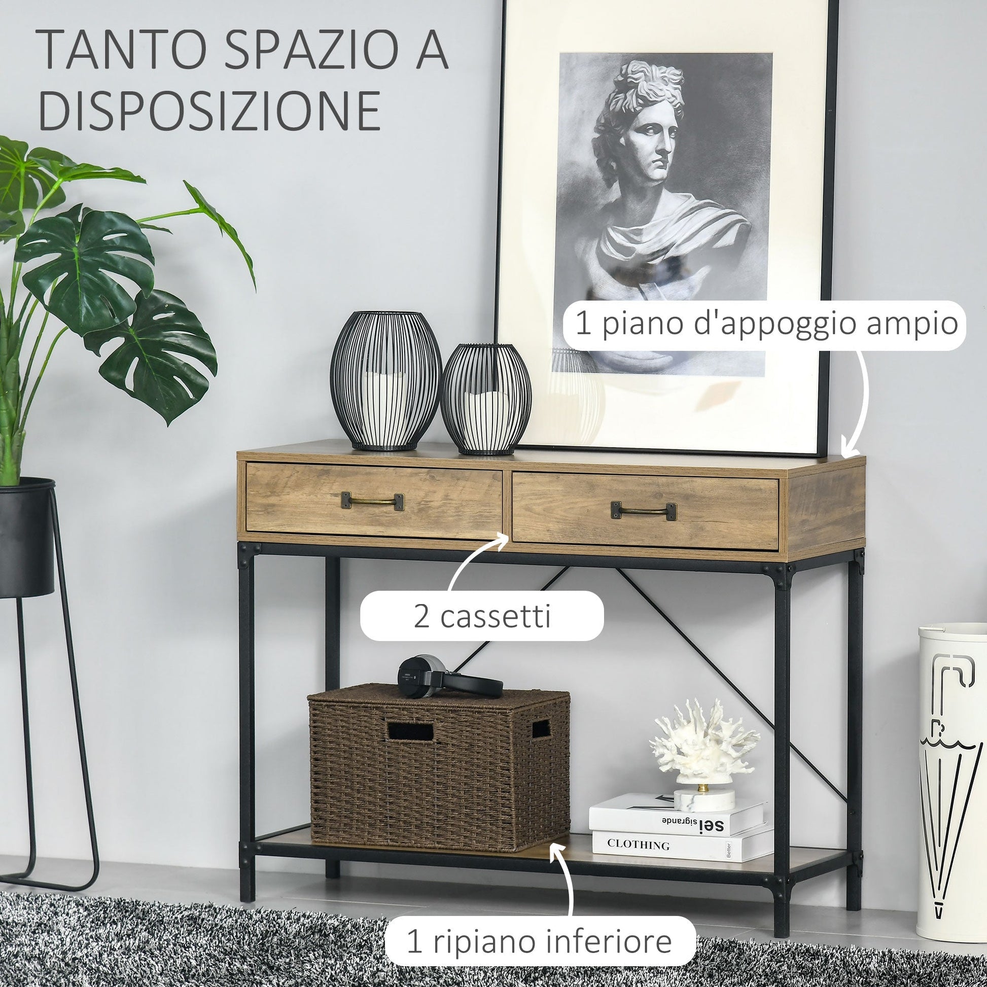 Table Vintage input console in metal and wood wooden and living room table - brown - Borgè