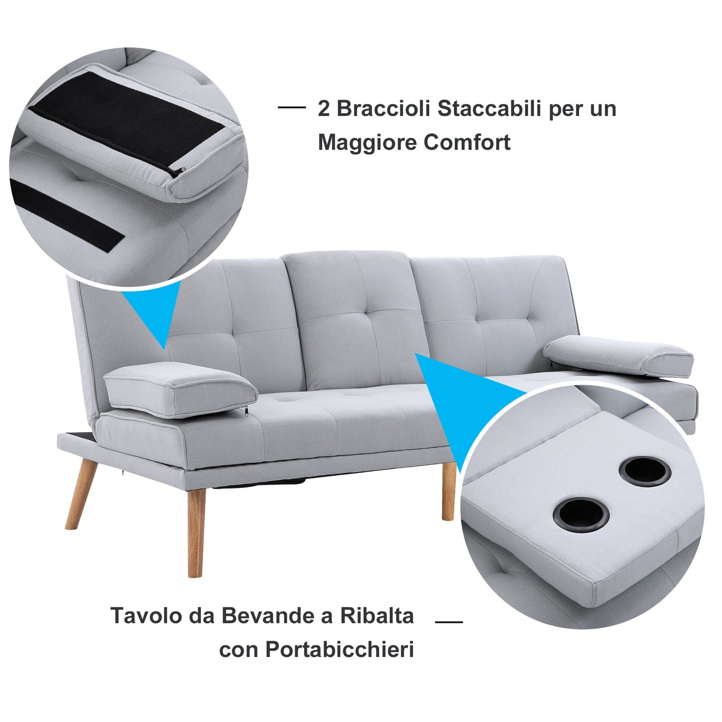 Sofa Bed 3 seats Scandinavian design reclining 2 detachable armrests with non -slip mat covered in linen legs in pyoppol - Borgè