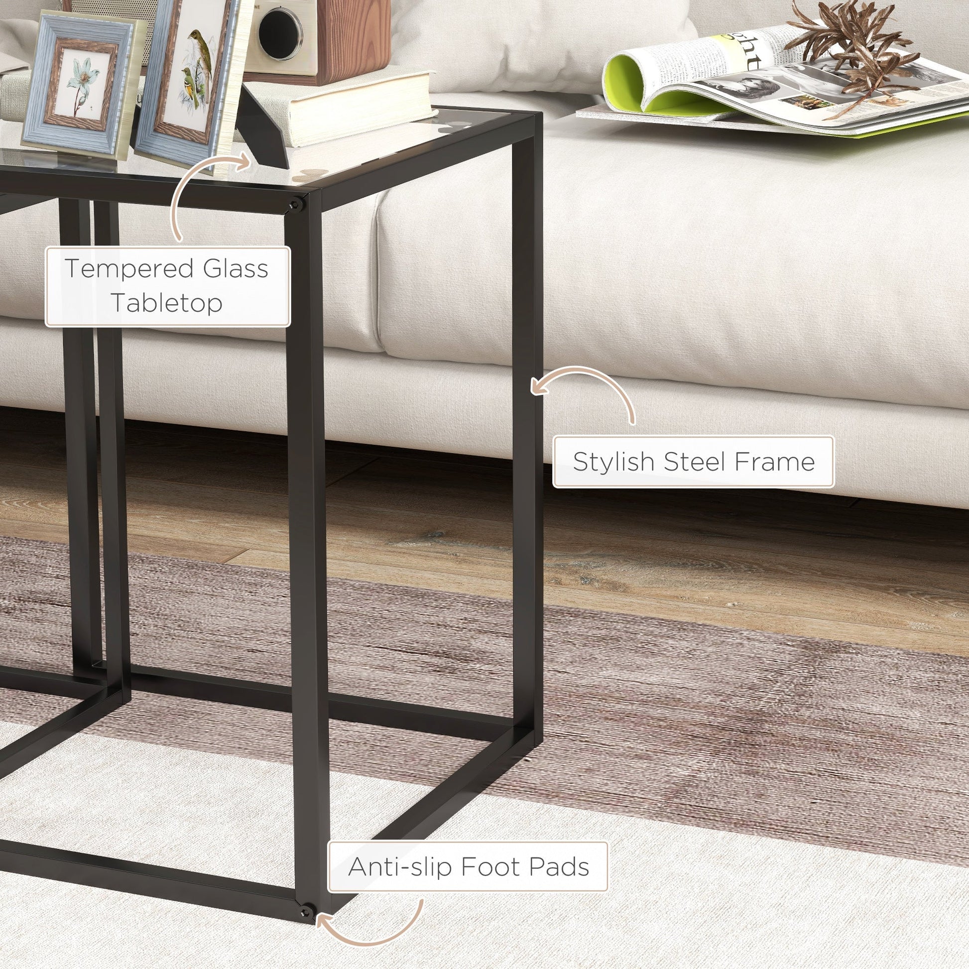 CIELO | Set of 2 Modern Black Coffee Tables with Tempered Glass - Borgè