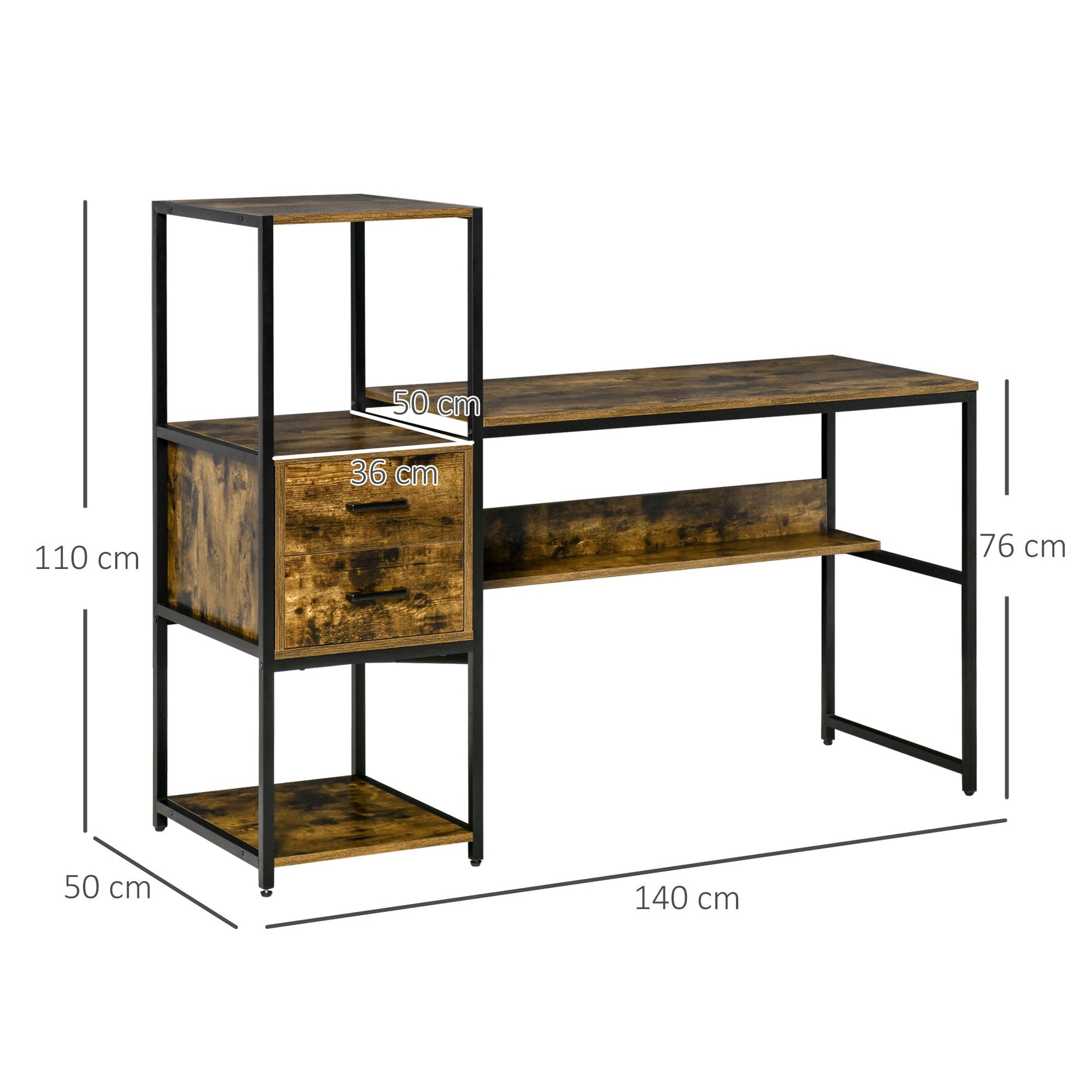 Homcom pc desk with chipped shelf and drawers and steel, 140x50x110cm - Borgè